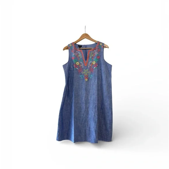 Talbots Linen Blend Embroidered Floral Blue Chambray Sleeveless Shift Dress 16P - Picture 2 of 9